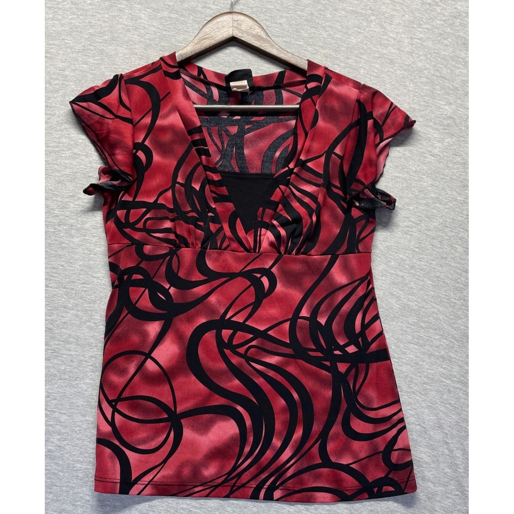JKLA California Blouse Top Womens S Red Black Abstract Print V Neck Cap Sleeves